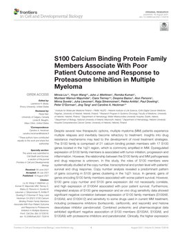 S100 Calcium Binding Protein Family Members Associate with Poor Patient Outcome and Response to Proteasome Inhibition in Multiple Myeloma