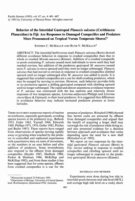 Behavior of the Intertidal Gastropod Planaxis Sulcatus