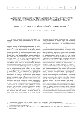 Ammonoid Succession at the Bajocian-Bathonian Transition in the Bas Auran Area, Digne District, South-East France