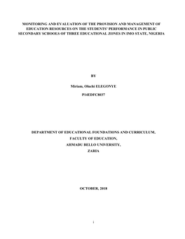 I MONITORING and EVALUATION of the PROVISION and MANAGEMENT of EDUCATION RESOURCES on the STUDENTS' PERFORMANCE in PUBLIC SECO