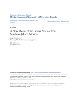 A New Mouse of the Genus Nelsonia from Southern Jalisco, Mexico Hugh H