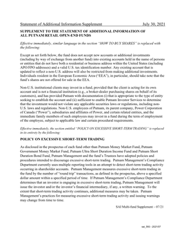 Statement of Additional Information Supplement July 30, 2021