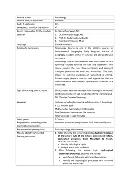 Module Name Potamology Module Level, If Applicable Advance Code, If Applicable GEL Semester(S) in Which the Module 4Th Person Responsible for the Module Dr