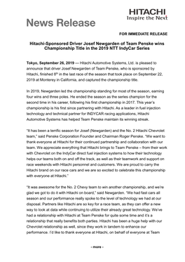 Hitachi-Sponsored Driver Josef Newgarden of Team Penske Wins Championship Title in the 2019 NTT Indycar Series