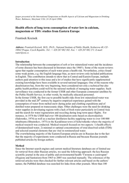 Health Effects of Long Term Consumption of Water Low in Calcium, Magnesium Or TDS: Studies from Eastern Europe