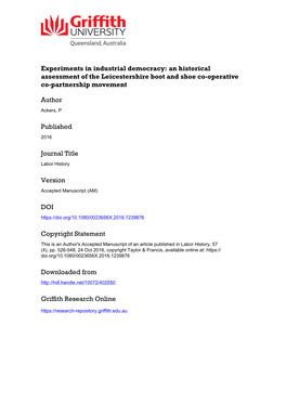 Experiments in Industrial Democracy: an Historical Assessment of the Leicestershire Boot and Shoe Co-Operative Co-Partnership Movement