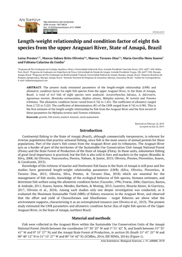 Length-Weight Relationship and Condition Factor of Eight Fish Species from the Upper Araguari River, State of Amapá, Brazil