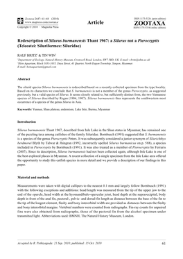 Zootaxa, Redescription of Silurus Burmanensis Thant 1967: a Silurus Not a Pterocryptis