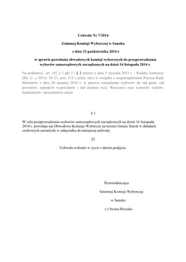 Uchwała Nr 7/2014 Gminnej Komisji Wyborczej W Sanoku Z Dnia 23 Października 2014 R W Sprawie Powołania Obwodowych Komisji