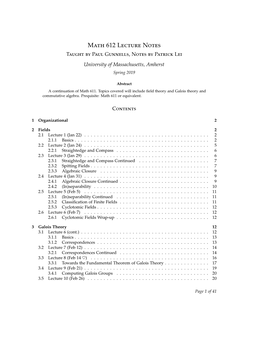 Math 612 Lecture Notes Taught by Paul Gunnells,Notes by Patrick Lei University of Massachusetts, Amherst Spring 2019