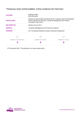 “Temporary Stock Market Bubbles: Further Evidence from Germany”