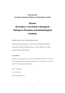 Review Komatiites: from Earth's Geological Settings to Planetary