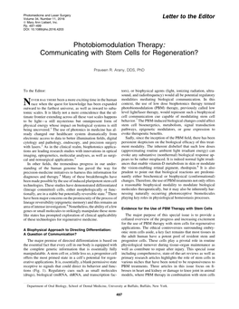 Photobiomodulation Therapy: Communicating with Stem Cells for Regeneration?