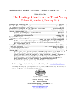 The Heritage Gazette of the Trent Valley Volume 18, Number 4, February 2014