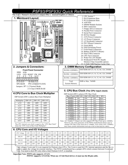 P5F93/P5F93U Quick Reference the User’S Manual Is Located at Compact Disc’S \Manual\English Or Chinese 1: CPU Socket 7 1