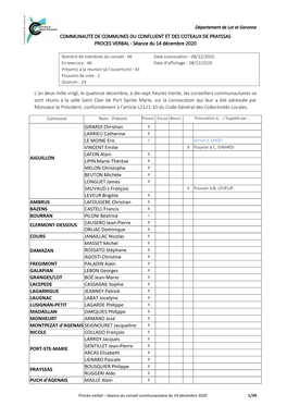 COMMUNAUTE DE COMMUNES DU CONFLUENT ET DES COTEAUX DE PRAYSSAS PROCES VERBAL - Séance Du 14 Décembre 2020