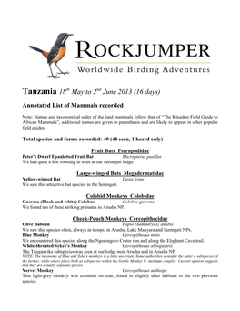 Annotated List of Mammals Recorded