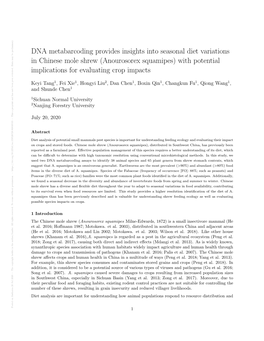 DNA Metabarcoding Provides Insights Into Seasonal Diet Variations in Chinese Mole Shrew (Anourosorex Squamipes) with Potential I