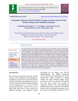 Constraints Analysis in Hybrid Paddy Farming in Eastern Zone of Uttar Pradesh Using Garrett Ranking Technique