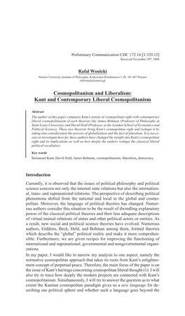 Kant and Contemporary Liberal Cosmopolitanism