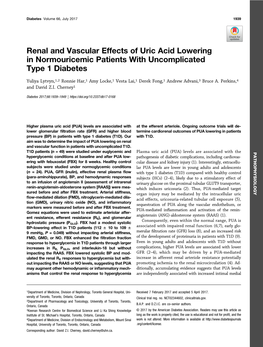 Renal and Vascular Effects of Uric Acid Lowering in Normouricemic Patients with Uncomplicated Type 1 Diabetes