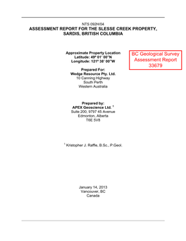 BC Geological Survey Assessment Report 33679