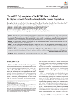 The Rs6265 Polymorphism of the BDNF Gene Is Related to Higher-Lethality Suicide Attempts in the Korean Population