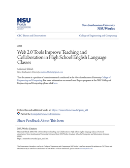 Web 2.0 Tools Improve Teaching and Collaboration in High School English Language Classes Mahmud Shihab Nova Southeastern University, Mahmudshihab@Gmail.Com