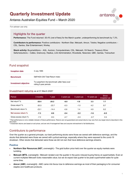 Quarterly Investment Update Antares Australian Equities Fund – March 2020