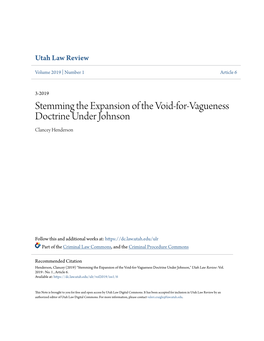 Stemming the Expansion of the Void-For-Vagueness Doctrine Under Johnson Clancey Henderson