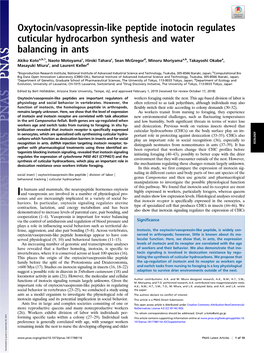 Oxytocin/Vasopressin-Like Peptide Inotocin Regulates Cuticular Hydrocarbon Synthesis and Water Balancing in Ants