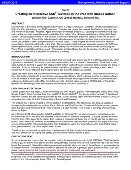Creating an Interactive SAS® Textbook in the Ipad with Ibooks Author William ‘Gui’ Zupko II, US Census Bureau, Suitland, MD