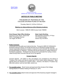 Notice of Public Meeting the Board of Trustees of the College Savings Plans of Nevada Agenda