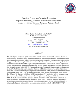 Electrical Connector Corrosion Prevention Improves Reliability, Reduces Maintenance Man-Hours, Increases Mission Capable Rate, and Reduces Costs Revision 4