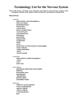 Terminology List for the Nervous System