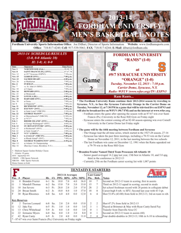 2013-14 FORDHAM UNIVERSITY MEN's BASKETBALL NOTES Game 2