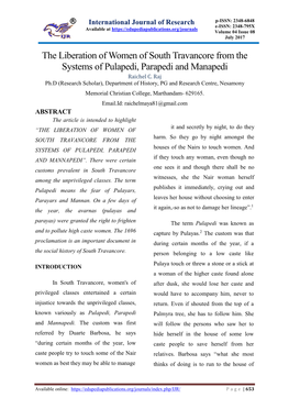 The Liberation of Women of South Travancore from the Systems of Pulapedi, Parapedi and Manapedi Raichel C