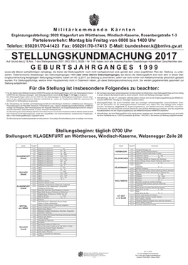 STELLUNGSKUNDMACHUNG 2017 Auf Grund Des § 18 Abs