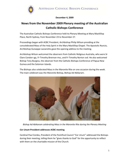 News from the November 2009 Plenary Meeting of the Australian Catholic Bishops Conference