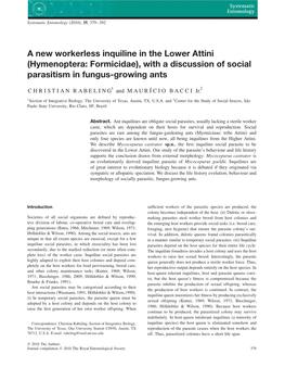 Hymenoptera: Formicidae), with a Discussion of Social Parasitism in Fungus-Growing Ants