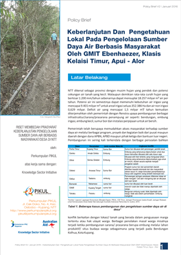 Keberlanjutan Dan Pengetahuan Lokal Pada Pengelolaan Sumber Daya Air Berbasis Masyarakat Oleh GMIT Ebenhaezer, Klasis Kelaisi Timur, Apui - Alor