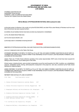 ANSWERED ON:26.08.2004 FARMERS` LAND ACQUIRED by IOC/GAIL/ONGC Thummar Shri Virjibhai;Varma Shri Ratilal Kalidas