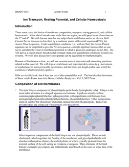 Ion Transport, Resting Potential, and Cellular Homeostasis Introduction