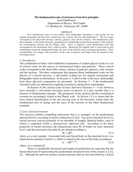 The Fundamental Scales of Structures from First Principles Scott Funkhouser Department of Physics, the Citadel 171 Moultrie St., Charleston, SC, 29409