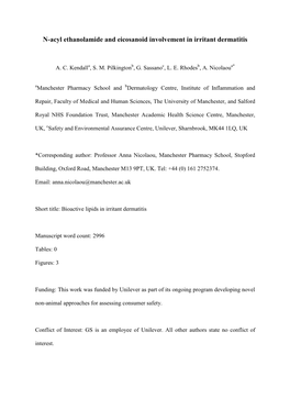 N-Acyl Ethanolamide and Eicosanoid Involvement in Irritant Dermatitis