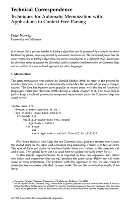 Technical Correspondence Techniques for Automatic Memoization with Applications to Context-Free Parsing