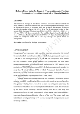 Biology of Anar Butterfly: Deudorix (Virachola) Isocrates Fabricus (Lepidoptera: Lycanidae) in Mid Hill of Himachal Pradesh