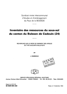 Inventaire Des Ressources Du Sous-Sol Du Canton Du Buisson De Cadouin (24)