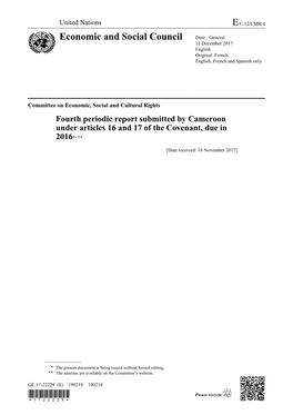 Fourth Periodic Report Submitted by Cameroon Under Articles 16 and 17 of the Covenant, Due in 2016*, **