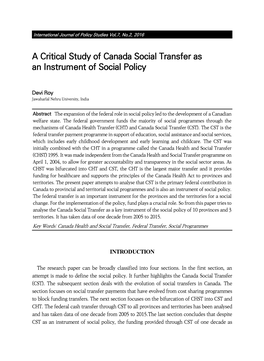 A Critical Study of Canada Social Transfer As an Instrument of Social Policy